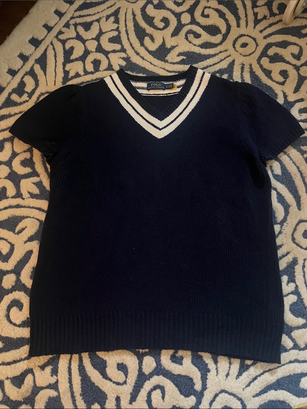 Polo by Ralph Lauren Navy with White Trim Short Sleeve V-Neck Sweater Large